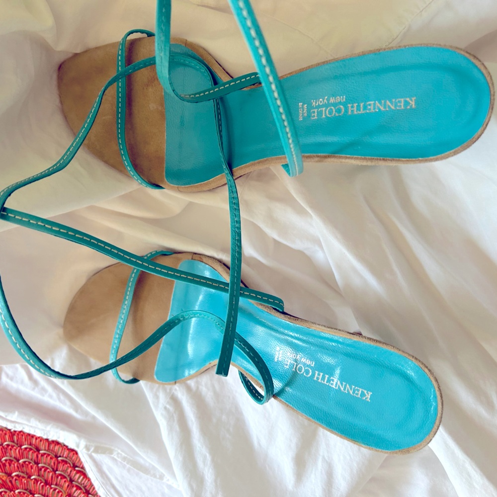 Kenneth Cole Ankle Heeled Straps Aqua and beige genuine leather and suede